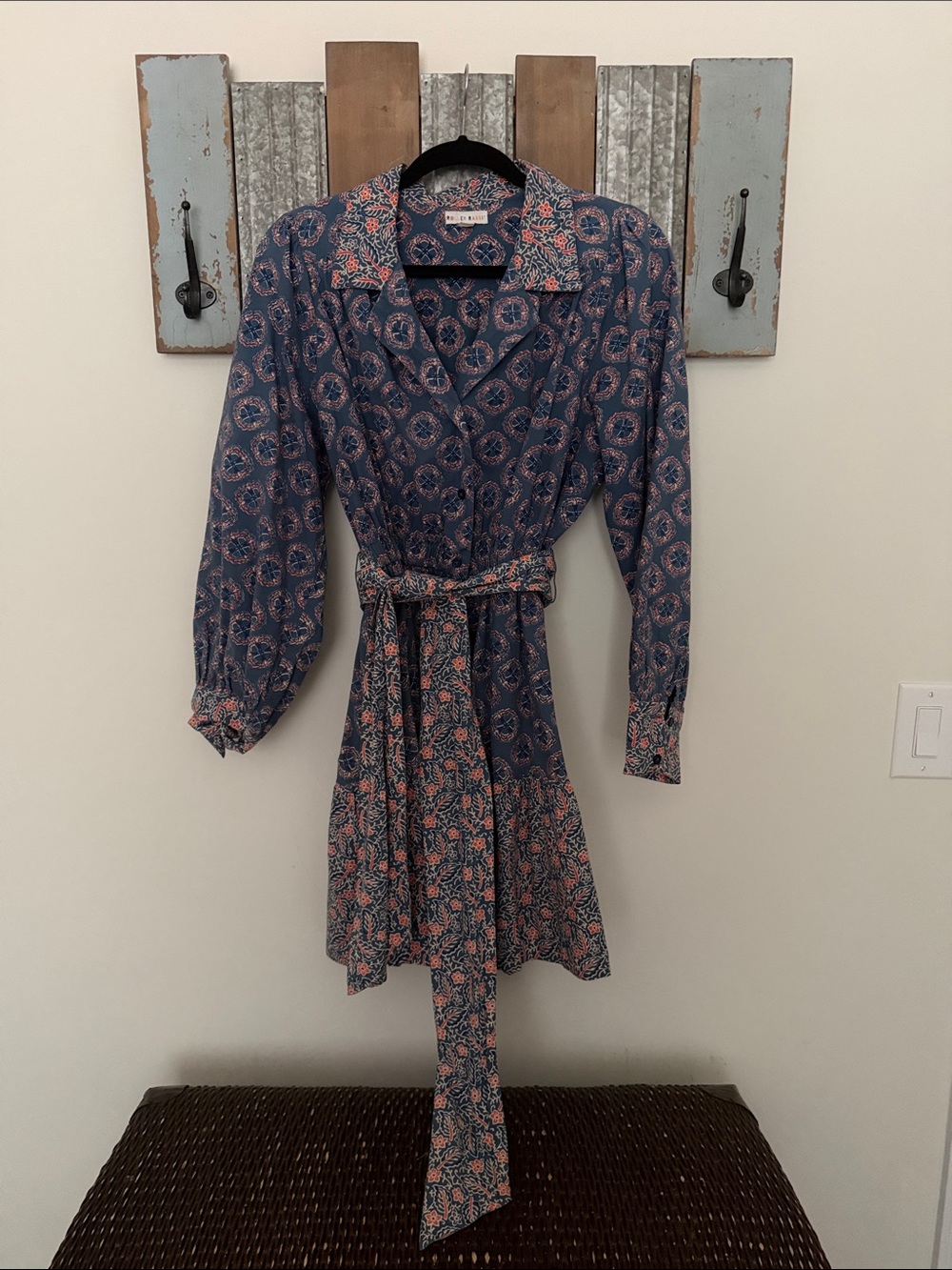 Floral Print Blue and Coral Belted Shirt Dress